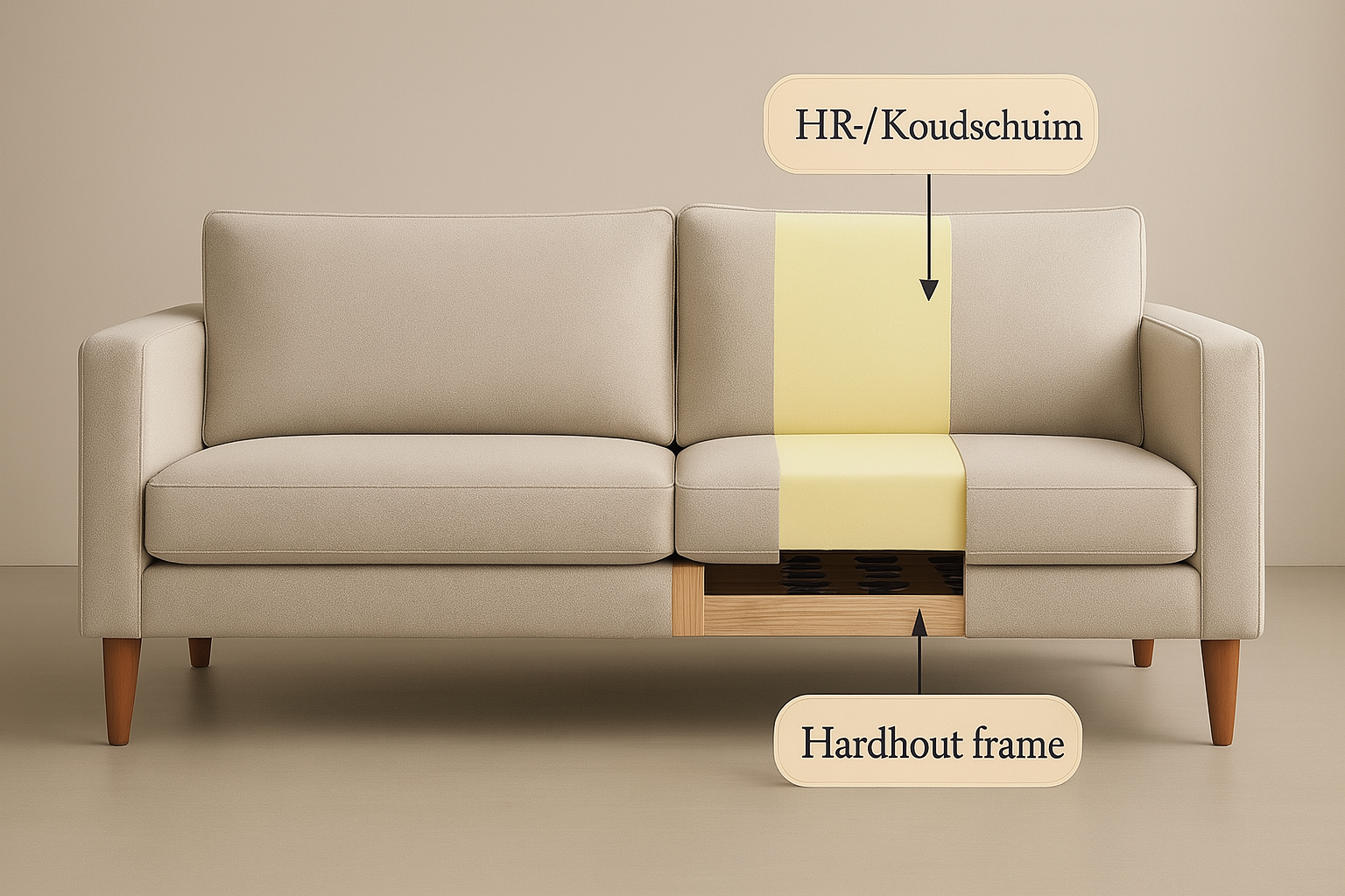 Binnenwerk bank met hardhouten frame en HR-schuim